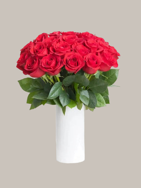 Bouquet of red roses in a white vase on a light gray background